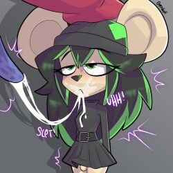 after_oral anthro beanie bear big_ear bodily_fluids bottomwear clothing creed_(creedeldragon) cum cum_in_mouth cum_inside digital_drawing_(artwork) digital_media_(artwork) disembodied_penis dress duo erection erection_under_clothing erection_under_skirt femboy gaby_(goatgaby) genital_fluids genitals hat headgear headwear hi_res machine male male/male mammal offscreen_character penis robot skirt yerolay