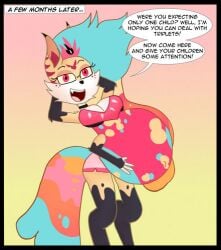 anthro anthro_female busty busty_female canid canine demon demon_girl hands_behind_head hands_on_belly hellaverse hellhound helluva_boss looking_at_viewer multicolored_hair pregnant pregnant_anthro pregnant_belly pregnant_female queen_bee-lzebub_(helluva_boss) royalty solo solo_anthro solo_female talking talking_to_viewer vivziepop yellow_fur