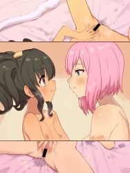2girls :t anise_tatlin bar_censor black_hair blush breasts brown_eyes censored chiwino closed_mouth commentary_request commission completely_nude dark-skinned_female dark_skin estellise_sidos_heurassein eye_contact female_masturbation fingering green_eyes hair_ribbon hand_up highres lactation large_breasts looking_at_another lying masturbation multiple_girls multiple_views nipples nude on_back pink_hair pussy pussy_juice ribbon short_hair side_ponytail skeb_commission small_breasts tales_of_(series) tales_of_the_abyss tales_of_vesperia variant_set yellow_ribbon yuri