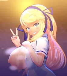 1girls 3d areolae blonde_hair breasts breasts_out clothed clothing female green_eyes katsuragi_(senran_kagura) large_breasts long_hair looking_at_viewer luminaryofages nipples senran_kagura smile sweat tagme v