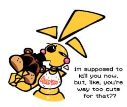 animatronic animatronic_female beakless chicken chicken_girl dialogue female five_nights_at_freddy's five_nights_at_freddy's_2 five_nights_at_frickbears fnaf freddy_mask_(fnaf) nanodude78 phasianid robot robot_girl scottgames solo toy_chica_(fnaf) yellow yellow_skin