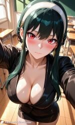 1girls ai_generated blazer breasts business_suit casual casual_nudity chalkboard classroom encoder female female_only hair_ornament indoors looking_at_viewer nipples no_bra public public_exposure public_nudity school school_desk selfie skirt spy_x_family standing teacher yor_briar yor_forger