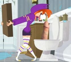 barbara_gordon batgirl bathroom big_penis cartoon_network dc dc_comics dc_super_hero_girls erection looking_at_penis penis penis_awe screencap screencap_edit screenshot_edit shocked shocked_expression surprised surprised_expression toilet warner_bros warner_brothers