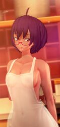 1girl 1girls 3d ahoge apron apron_only arm_behind_back arm_grab dark-skinned_female dark_skin glasses kimberly_la_vallette koikatsu looking_away medium_hair naked_apron purple_hair solo solo_female solo_focus spiritofrei va-11_hall-a