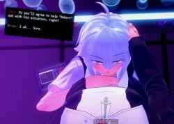 1boy 1girl 1girl1boy 1girls 3d ahoge blowjob bottomless brian_(va-11_hall-a) dana_zane dialogue female hand_on_head hand_on_penis koikatsu long_hair looking_at_viewer male oral oral_sex partially_clothed penis pov spiritofrei text uniform va-11_hall-a white_hair