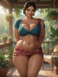 ai_assisted ai_generated balcony belly_button bindi black_hair blouse brown_eyes caramel-skinned_female chair cleavage earrings erect_nipples_under_clothes eyelashes female female_only greenery hands_behind_back hanging_plant housewife indian indian_clothes indian_female large_breasts lipstick mature_female midriff milf nipple_bulge no_panties outdoor_background pattern_clothing potted_plant pubic_hair pussy railing rgomez007 sagging_breasts saree sari seductive_look self_upload short_sleeves slight_smile solo_female stable_diffusion standing thick_lips thick_thighs tied_hair traditional_clothes updo upskirt voluptuous vulva warm_lighting wide_hips