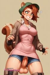 1girl age_difference ai_assisted ai_generated animal_ears boots brown_hair brown_jacket cable_knit cock_shock collared_dress confused curvy fear fingerless_gloves fur_trim girl green_eyes green_hat grey_cardigan huge_balls huge_penis long_sleeves marvel_rivals pink_dress scared shorts size_difference smile squirrel_tail thigh_highs upper_body vaginal_penetration weird white_background