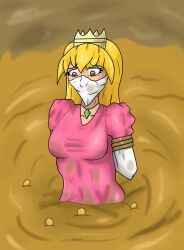 1girls arms_behind_back blonde_female brown_eyes captured_female cleave_gag damsel_in_distress genderswap genderswap_(mtf) helpless_female kidnapped nicky_peachynicky64 no_hope original_character peachynicky64 peril pink_dress princess princess_peach princess_peach_(cosplay) quicksand rope_bondage royalty scared_expression transfem wax-master