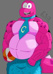 beach_ball dinosaur furry gameoverse gobbles_(gameoverse) grin hands_in_pockets happy looking_at_viewer male male_only scalie shorts smile solo tail tie volleyball wink winking winking_at_viewer