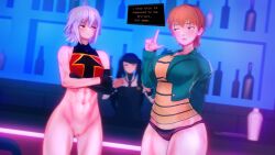 3d 3girls big_breasts black_hair bottomless breasts crossed_arms dana_zane dialogue dialogue_box fate/stay_night fate_(series) female female_only fujimura_taiga julianne_stingray koikatsu long_hair looking_at_another orange_hair partially_clothed pussy spiritofrei surprised surprised_expression text underwear uniform va-11_hall-a vagina white_hair wrestling_outfit