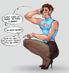 dispatch_(game) glasses light-skinned_male male_focus male_only nipple_piercing pantyhose pencil_skirt robert_robertson skirt solo_focus solo_male