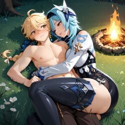 1boy 1girl aether_(genshin_impact) ai_generated blonde-haired_male blue_hair campfire cuddling eula_(genshin_impact) femdom genshin_impact leg_lock stable_diffusion thick_thighs