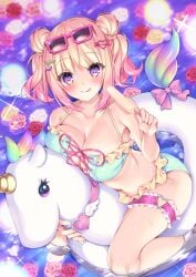 1girl arrow_(projectile) arrow_through_heart bare_arms bare_shoulders barefoot bikini blonde_hair blue_bikini blush breasts cleavage closed_mouth collarbone double_bun eyewear_on_head flower flower_on_liquid food frilled_bikini frills hair_bun hair_ornament heart heart_hair_ornament holding holding_food ice_cream innertube large_breasts original pink-framed_eyewear pink_flower pink_rose purple_eyes red_flower red_rose rose smile solo sorai_shin'ya sunglasses swim_ring swimsuit tongue tongue_out two_side_up water white_flower white_rose yellow_flower yellow_rose yume_kawaii