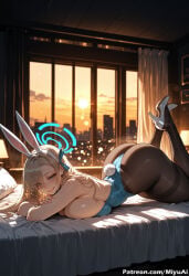 1girl ai_assisted ai_generated animal_ears artist_name ass asuna_(blue_archive) asuna_(bunny)_(blue_archive) bangs bare_shoulders black_legwear blue_archive blue_eyes blue_leotard breasts bunny_ears bunny_girl bunny_tail bunnysuit curvaceous curvy curvy_female curvy_figure fake_animal_ears fake_tail female high_heels highleg highleg_leotard indoors large_breasts leotard long_hair looking_at_viewer lying miyuai on_stomach pantyhose pillow sideboob smile solo strapless strapless_leotard tail thick thick_ass thick_butt thick_hips thick_legs thick_thighs thighband_pantyhose voluptuous voluptuous_female watermark wide_hips wide_thighs wrist_cuffs