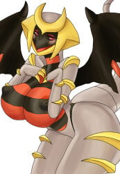 1girls 2020 adriana_(unknown6505) anthro areolae big_breasts big_thighs black_sclera blush clawed_fingers dated female female_only generation_4_pokemon giratina hands_on_own_chest hi_res legendary_pokemon looking_at_viewer nintendo nipples non-mammal_breasts open_mouth outenkun pokemon pokemon_(species) red_eyes smiling smiling_at_viewer solo tail thick_thighs white_background wings