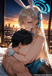 1boy 1girl ai_assisted ai_generated animal_ears asuna_(blue_archive) asuna_(bunny)_(blue_archive) bangs bare_shoulders black_hair blue_archive blue_eyes blue_leotard blue_nails blue_ribbon blush breasts brown_hair bunny_ears bunny_girl bunny_tail bunnysuit cling curvaceous curvy curvy_female curvy_figure fake_animal_ears fake_tail female hair_ribbon hetero jewelry large_breasts leotard long_hair miyuai nail_polish nipples pantyhose ribbon smile straddling tail thick thick_ass thick_butt thick_hips thick_legs thick_thighs thighs voluptuous voluptuous_female wide_hips wide_thighs wrist_cuffs