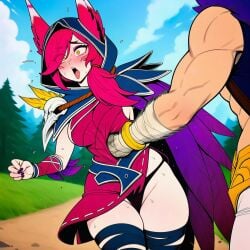 1boy 1girls ai ai_assisted ai_generated animal_ears belly_punch black_panties defeat defeated dominant_male domination drool girl league_of_legends panty_peek pink_hair prussia123 punch punching ryona sett sexy sexy_body sexy_clothing sexy_female shocked shocked_expression spit thick thick_thighs vastaya wide_eyed xayah