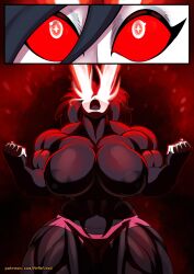 1girls abs anthro areolae avian biceps big_breasts black_hair breasts busty comic comic_page demon demon_girl female female_only furry furry_only glowing glowing_eyes helluva_boss huge_breasts large_breasts laser massive_breasts mrmelted muscular muscular_female nipples octavia_(helluva_boss) png red_eyes solo starbreaker swimsuit thick_thighs thunder_thighs topless topless_female transformation wide_hips