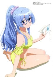 1girls absurdres arm_support armpit_crease ass bare_arms bare_legs bare_shoulders barefoot bikini blue-framed_eyewear blue_eyes blue_hair blunt_bangs book breasts cleavage closed_mouth collarbone copyright_name expressionless glasses green_bikini hair_ornament hair_scrunchie highres holding holding_book large_breasts light_blush long_hair long_sidelocks looking_at_viewer looking_to_the_side magazine_scan megami_magazine off-shoulder_bikini off_shoulder official_art ponytail purple_scrunchie scan scrunchie shade shiny_skin shiunji-ke_no_kodomotachi shiunji_seiha side-tie_bikini_bottom sidelocks simple_background sitting solo swimsuit very_long_hair wavy_hair white_background yokozuwari