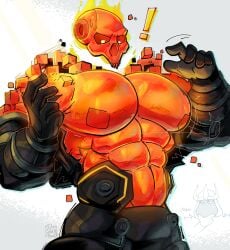 1boy abs bara bara_tits big_pecs dark_voyager fire fortnite huge_pecs its_coldpizzart large_pectorals muscular muscular_male pecs skull skull_head