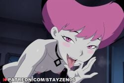 1girl ai ai_art ai_generated bent_over blush_stickers breasts breath choker collarbone colored_skin dc dc_comics eyelashes fellatio_gesture handjob_gesture indoors jinx_(dc) leaning_forward looking_at_viewer naughty_face nipples open_mouth oral_invitation pink_eyes pink_hair saliva sexually_suggestive short_hair single_sleeve small_breasts smile solo teen_titans teeth tongue tongue_out topless upper_teeth_only window