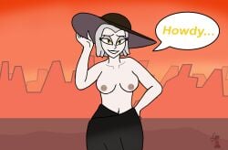 1girl 1girls 4_fingers angel angel_girl angel_wings arm_on_hip belly_button big_breasts black_lips blind_peacock_draws blind_peacock_draws_(artist) breasts desert desert_background dress_only exorcist_(hazbin_hotel) eyes_half_open feathered_dress feathered_wings feathers female female_only greeting greeting_viewer hat hat_only hazbin_hotel hazbin_hotel_oc holding_hat logo medium_breasts miriam_(blindpeacockdraws) naked naked_female nipples nude nude_female nudity original original_art original_artwork original_character outside pussy pussy_lips pussy_peek short_hair smile smiling smiling_at_viewer speech speech_bubble spreading_wings tagme text text_bubble watermark white_body white_hair white_skin wings wings_folded wings_open yellow_eyes