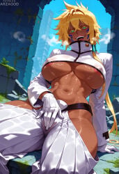 1girl ai_generated arzagod big_breasts bleach blonde_hair blush clothing dark-skinned_female dark_skin green_eyes hair_between_eyes jacket large_breasts long_hair masturbation nipples_visible_through_clothing perfect_legs sweat tagme thick_thighs tier_harribel wet wet_pussy