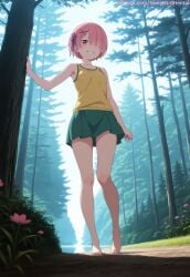 1girl ai ai-created ai_art ai_generated anime anime_character anime_girl anime_style barefoot day feet feet_fetish flower forest hair_over_one_eye hentai legs miniskirt nature outdoors outside pink_eyes ram_(re:zero) re:zero_kara_hajimeru_isekai_seikatsu short_hair small_breasts solo standing tank_top tree x_hair_ornament