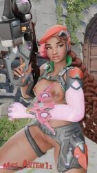 1girls 3d beret blizzard_entertainment braided_hair breasts dark-skinned_female dark_skin female female_only gun nipple_piercing nipples overwatch pussy sierra_(overwatch) solo tagme_(artist)