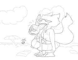 anthro asphyxiation beach bikini bite black_eyebrows bodily_fluids bottom_heavy bottomwear breasts bulge canid canine clothed clothing cloud digital_media_(artwork) disney drowning duo ear_bite erection eyebrows female fox fur grinding hair judy_hopps lagomorph leporid lifeguard lifeguard_swimsuit male male/female mammal nick_wilde pants rabbit red_fox rumcoat sea smile sweat swimwear tail topwear true_fox two-piece_swimsuit water whistle_(object) white_body zootopia