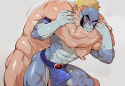 2boys abs ai_generated anthro ass bara bent_over black_hair blonde_hair blue_body blue_fur blushing bulge_through_clothing choke_hold furry gay human human_on_anthro humanoid loincloth male male/male male_only muscular muscular_male nude panthro scars thundercats wrestling yaoi