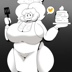 apron apron_only big_breasts black_and_white bread bread_girl breadna_(tkd) breasts chubby chubby_female cooking food food_creature food_girl food_humanoid freckles huge_breasts loving_gaze monochrome no_color pancake smile spatula thick_thighs tkd twintails