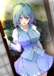 1girl 1girls big_breasts blue_eyes blue_hair blue_vest hand_behind_back heterochromia karakasa_obake kitaura_kasumi kogasa_tatara miniskirt raining red_eyes soaked soaked_clothes tagme touhou vest wet wet_body wet_clothes white_shirt youkai