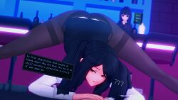 2girls 3d against_surface anna_graem ass big_ass black_hair confused dialogue dialogue_box female female_only jack_o_pose julianne_stingray koikatsu light-skinned_female light_skin long_hair looking_at_another looking_away open_mouth pantyhose spiritofrei spread_legs text twintails va-11_hall-a