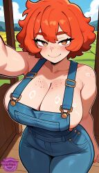 ai_generated breast_focus breasts busty busty_female cleavage curly_hair curvy denim denim_overalls female female_focus female_only freckles freckles_on_breasts freckles_on_face from_above huge_breasts jorgecarlosai orange_eyes orange_hair original original_character overalls overalls_only selfie selfie_pose sexy sexy_body short_hair solo watermark