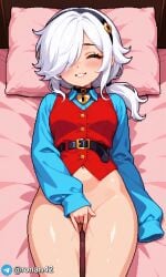 1girls ai_generated blue_shirt bottomless brawl_stars closed_eyes colette_(brawl_stars) collar female female_masturbation hairband light_skin long_hair lying_on_back lying_on_bed masturbation orgasm ponytail pussy red_vest ronan42 smile solo white_hair