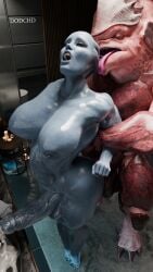 3d asari dodchd futanari hung_bottom krogan licking male male_on_futa mass_effect mass_effect_(series) stomach_bulge stomach_deformation tagme