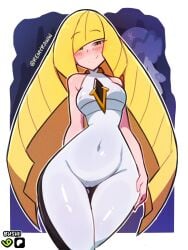 1girls alternate_version_available artist_name bare_shoulders blonde_hair blush breasts bushii_(bo0xhy) cameltoe clothing female female_focus game_freak green_eyes hair hair_over_one_eye half-closed_eyes hips leggings legwear long_hair lusamine_(pokemon) mature mature_female mature_woman medium_breasts milf mother nipple_bulge pokemon pokemon_sm seductive seductive_look smile solo solo_focus thighs very_long_hair wide_hips