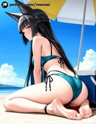 1girls ai_generated ass back_view bare_arms bare_legs bare_shoulders bare_thighs barefoot beach bikini black_hair blue_bikini ears feet foot_fetish fox_ears hoshimi_miyabi kneeling light-skinned_female light_skin looking_at_viewer looking_over_shoulder macoai ocean outdoors over_shoulder pale-skinned_female pale_skin parasol perfect_ass perfect_body red_eyes sand sexy smooth_skin soles solo solo_female thighs toes wet wet_skin zenless_zone_zero