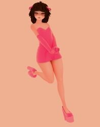 bows brown_hair evil_morgundy_(morgundy) femboy gloves gray_eyes heels latex latex_dress latex_gloves morgundy_(artist) pink_eyes pink_latex pink_lipstick pumps