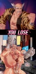 2boys abs absurdres ahegao anal animal_print anonymous_male ass ass_hair balding bara bare_pectorals blurry blurry_background chest_hair cock_size_difference commentary_request completely_nude cross_scar defeat defeat_sex defeated english_text exposed facial_hair filming folded full_nelson game_over gay gay_sex grey_hair hachikenoko_(weigham) highres huge_penis instant_loss instant_loss_2koma jack-8 jacket large_pectorals leg_hair loser loser_submits lost_bet male male/male male_focus male_only male_penetrated male_penetrating mishima_heihachi multiple_boys muscular muscular_male mustache nipples nude old old_man open_clothes open_jacket outdoors pectorals pee peeing penis perineum recording reverse_suspended_congress scar scar_on_chest size_difference socks socks_only tekken tekken_8 testicles tiger_print tongue tongue_out video_camera winner_fucks_loser yaoi
