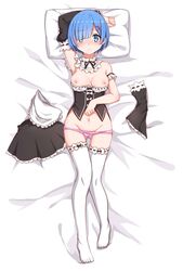 areolae armpits arms_up asymmetrical_bangs bangs bed bed_sheet blue_eyes blue_hair blunt_bangs blush bow bow_panties breasts breasts_out closed_mouth collarbone cowboy_shot dutch_angle female frilled_sleeves frills full_body hair_over_one_eye hairband headdress hip_bones lace lace-trimmed_thighhighs long_sleeves looking_at_viewer lying navel nipples nose_blush on_back on_bed panties pillow re:zero_kara_hajimeru_isekai_seikatsu rem_(re:zero) rumaki shiny shiny_skin short_hair sleeves_removed smile solo stomach thighhighs topless underwear white_legwear white_panties white_thighhighs wide_sleeves x_hair_ornament