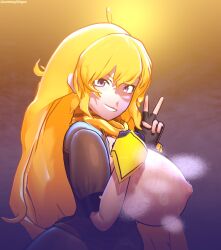 1girls 3d areolae blonde_hair breasts breasts_out clothed clothing female large_breasts long_hair looking_at_viewer luminaryofages nipples pink_eyes purple_eyes rwby sideboob smile sweat tagme v yang_xiao_long yellow_hair