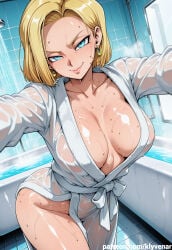 1girl 1girls ai ai-created ai_art ai_assisted ai_generated android_18 bathroom blonde_hair blue_eyes boobs breasts dragon_ball dragon_ball_super dragon_ball_z female klyvenar nipples see-through short_hair teasing tits towel wet wet_body