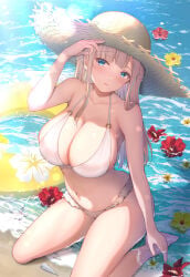 1girl bare_arms bare_legs bare_shoulders barefoot beach bikini blonde_hair blue_eyes blush braid breasts caustics cleavage day floral_print flower flower_on_liquid frilled_bikini frills halterneck hand_up hat hibiscus hibiscus_print highres ichinose_ayano innertube kuroe_(sugarberry) large_breasts long_hair looking_at_viewer multicolored_flower navel o-ring o-ring_bikini on_ground original parted_lips red_flower sand seashell shallow_water shell sitting smile solo starfish stomach straw_hat sun_hat sunlight swim_ring swimsuit water white_bikini white_flower yellow_flower