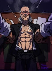 2026 2boys belt belt_buckle black_pants blue_eyes blush blush_lines blushing cecil_stedman chest chest_hair closed_mouth clothed clothing dark-skinned_male dark_skin desk hair heavy_breathing invincible invincible_(comics) invincible_(tv_series) laying_down laying_on_back light-skinned_male light_skin looking_at_viewer male male/male male_only nipples open_clothes open_eyes open_shirt pants saliva saliva_drip saliva_string saliva_trail salivating scar sweat sweatdrop sweating taco-wiener white_hair white_shirt