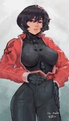 1girls 2d 2d_(artwork) 2d_artwork adult adult_female belly_button big_boobs big_breasts black-haired_female black_bodysuit black_gloves black_hair blue-eyed_female blue_eyes bodysuit breasts breasts_apart busty busty_female busty_girl character_request coat collarbone copyright_request curvaceous curvaceous_body curvaceous_female curvaceous_figure curvaceous_hips curvy curvy_body curvy_female curvy_figure curvy_hips dark_hair digital digital_art digital_drawing digital_drawing_(artwork) digital_media digital_media_(artwork) drawing female female_focus female_only fingers gloves grey_background groin hair_between_eyes hand_on_hip hand_on_own_hip hand_on_own_waist hand_on_waist high_resolution highres hourglass_figure inframammary_fold inguinal_crease inguinal_ligament jacket large_boobs large_breasts lean_figure looking_at_viewer mature mature_female mature_woman narrow_waist navel nipple_bulge open_coat open_jacket red_coat red_jacket short_hair shoulders simple_background slender_body slender_waist slim_female slim_waist solo standing thick_thighs thigh_gap thighs toshio touching_hip touching_waist underboob upper_body voluptuous white_background wide_hips woman