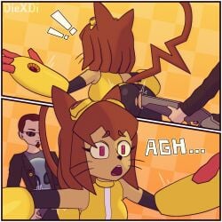 ! 1boy 1girls ass breasts brown_hair cat_ears diexdi female gameoverse goggles imminent_death kit_(gameoverse) open_mouth pink_eyes postal_(series) postal_dude short_hair shotgun sunglasses torn_clothes weapon weapon_penetration