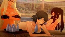 3d 3girls against_surface alma_armas ass big_ass black_hair blonde_hair blush blushing breasts brown_hair crossed_arms dark-skinned_female dark_skin dialogue happy julianne_stingray koikatsu large_breasts lenore_(va-11_hall-a) light-skinned_female light_skin long_hair looking_at_another looking_back nervous one_eye_closed open_mouth sauna small_breasts spiritofrei text twintails va-11_hall-a