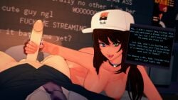 1boy 1girl 1girl1boy 1girls 3d bed bedroom big_penis bottomless brown_hair dark-skinned_female dark_skin dialogue dialogue_box female gillian_(va-11_hall-a) handjob hat koikatsu large_breasts light-skinned_male light_skin livestream long_hair looking_at_viewer male motion_lines naked open_mouth partially_clothed penis pov precum spiritofrei stream_chat streaming streaming_chan va-11_hall-a